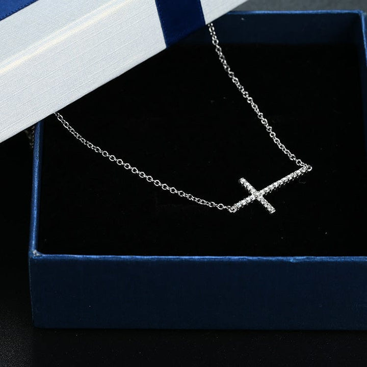 Sonara Fine Fashion Jewelry-Necklace Sideways Cross Necklace with CZ Sterling Silver White, Yellow or Rose Gold Plated