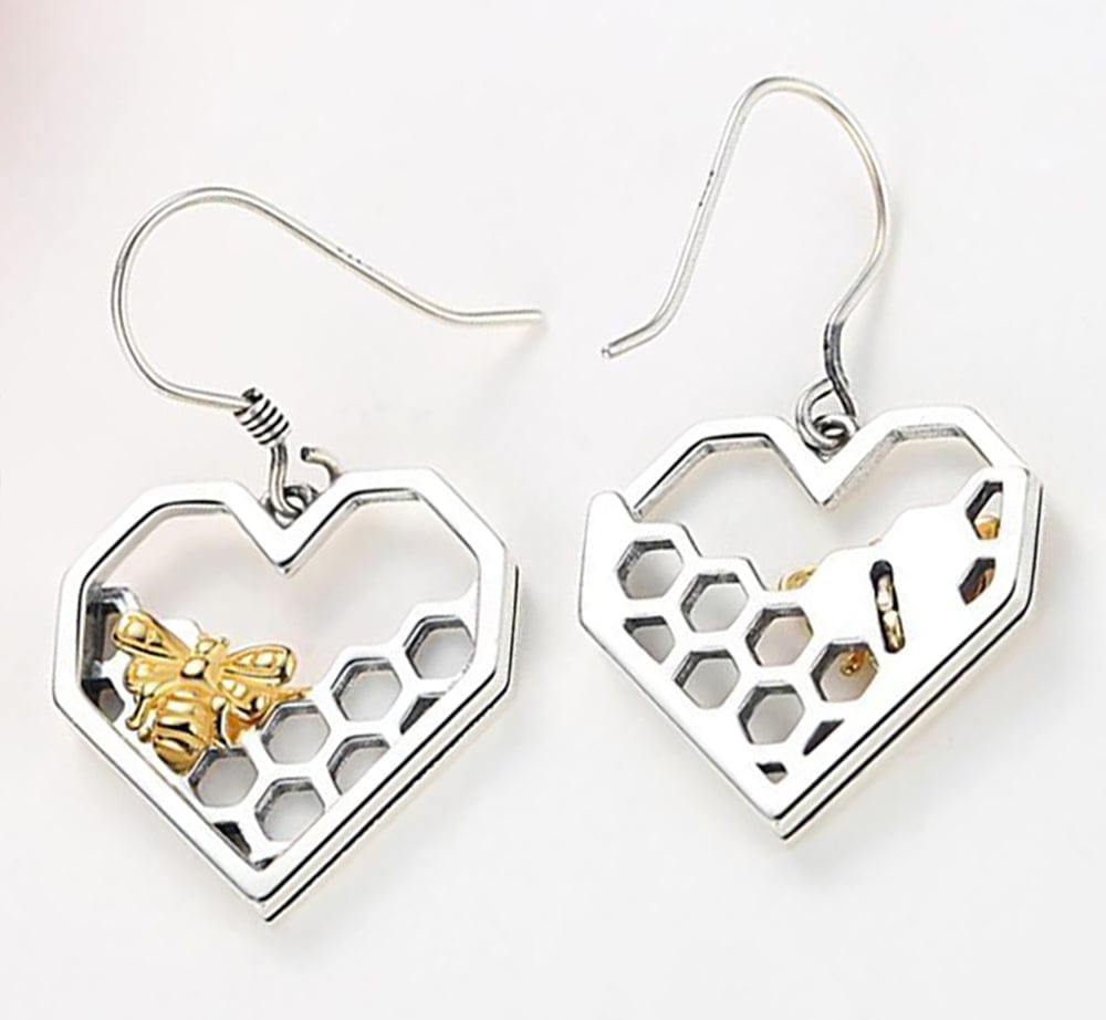 Honey Bee Heart Comb Earrings 925 Sterling SIlver for Bee Lovers