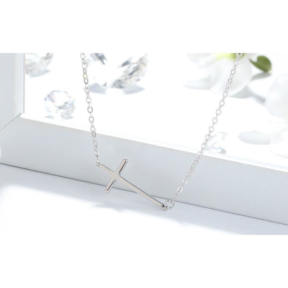 Sterling Silver Cross Necklace-Elegant Sideways Cross - The Pink Pigs, A Compassionate Boutique