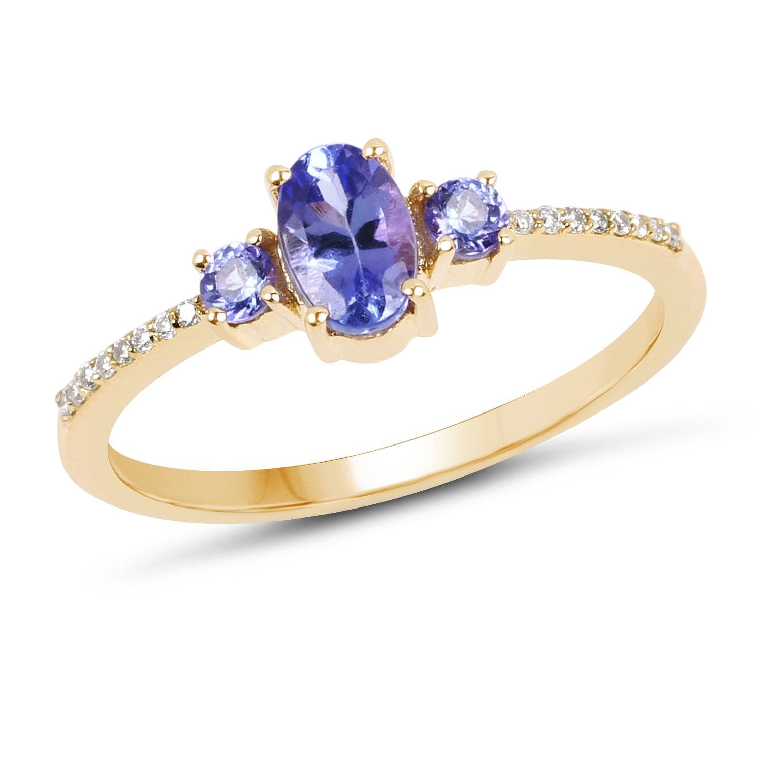 Tanzanite and Diamond 3 Stone Ring in Solid 14K Yellow Gold, So Elegant and Dainty! - The Pink Pigs, A Compassionate Boutique