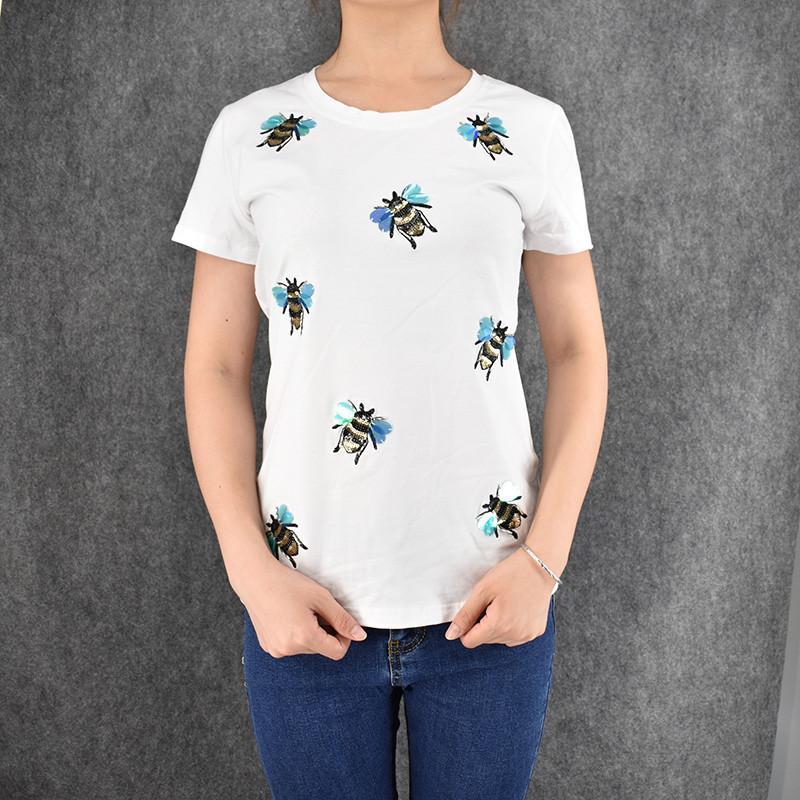 The Pink Pigs Apparel M OUT OF STOCK / White Sequin Bee Shirt-ADORABLE and Classy for the Ladies!