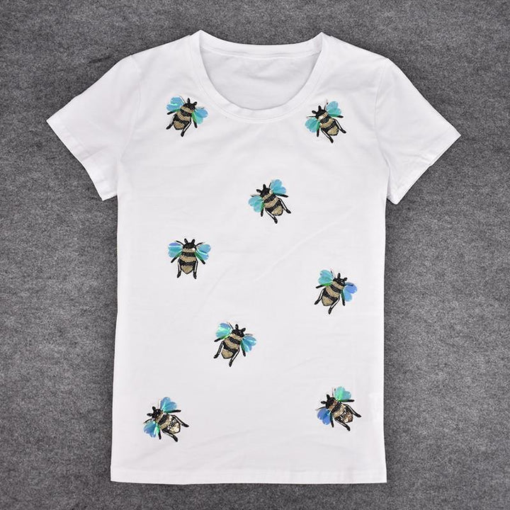 The Pink Pigs Apparel S OUT OF STOCK / White Sequin Bee Shirt-ADORABLE and Classy for the Ladies!