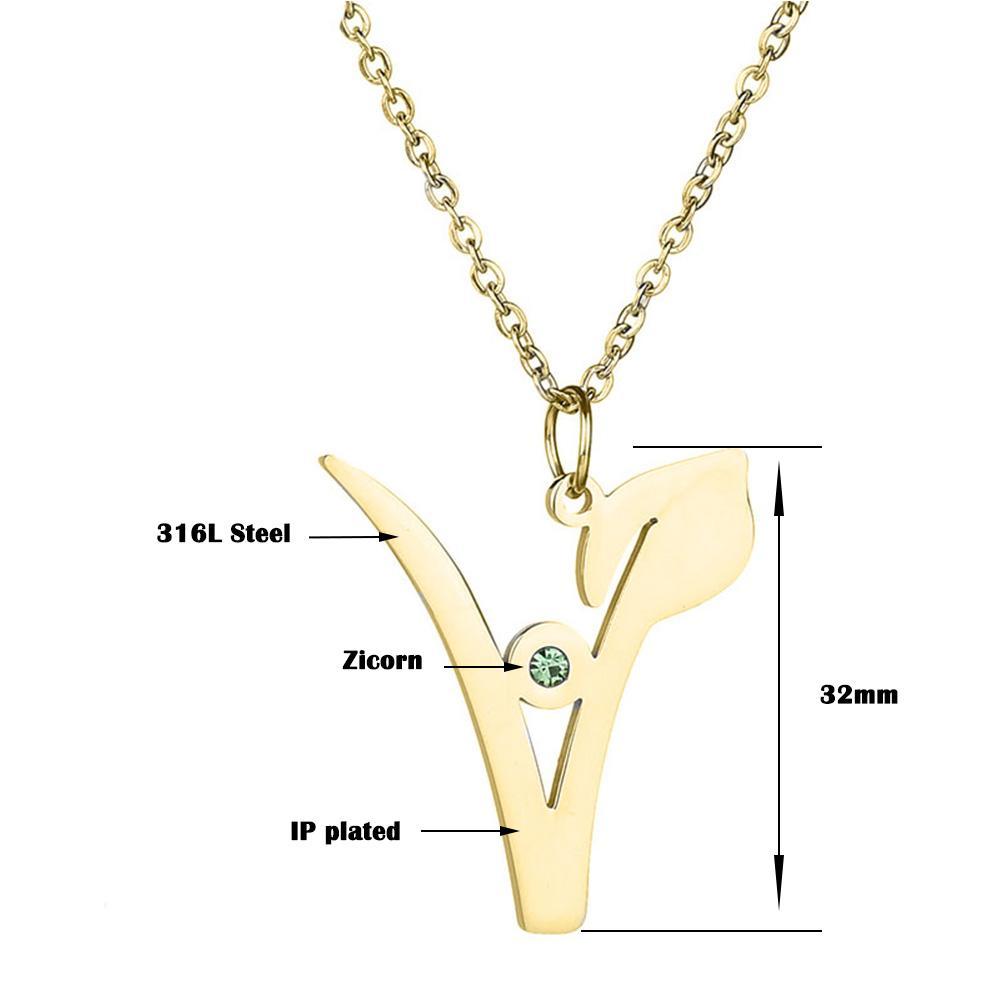 The Pink Pigs Fashion Necklace "V" Stainless Steel Pendant with Green Stone, Rose, White or Yellow Gold Plated