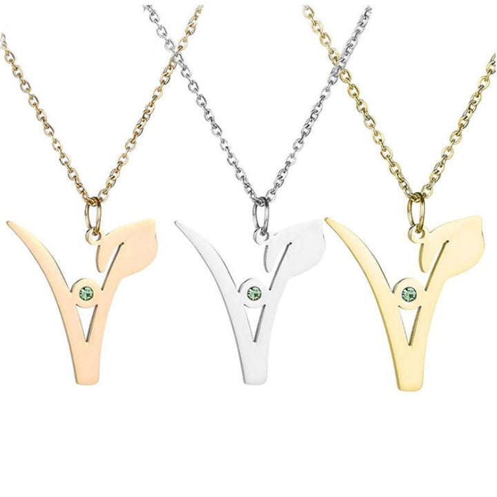 The Pink Pigs Fashion Necklace "V" Stainless Steel Pendant with Green Stone, Rose, White or Yellow Gold Plated