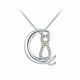 The Pink Pigs Fine Fashion Jewelry-Necklace Cat in Moon Gold Collar Cat in the Moon Necklaces with CZ in solid 925 Silver, Elegant and Sweet!