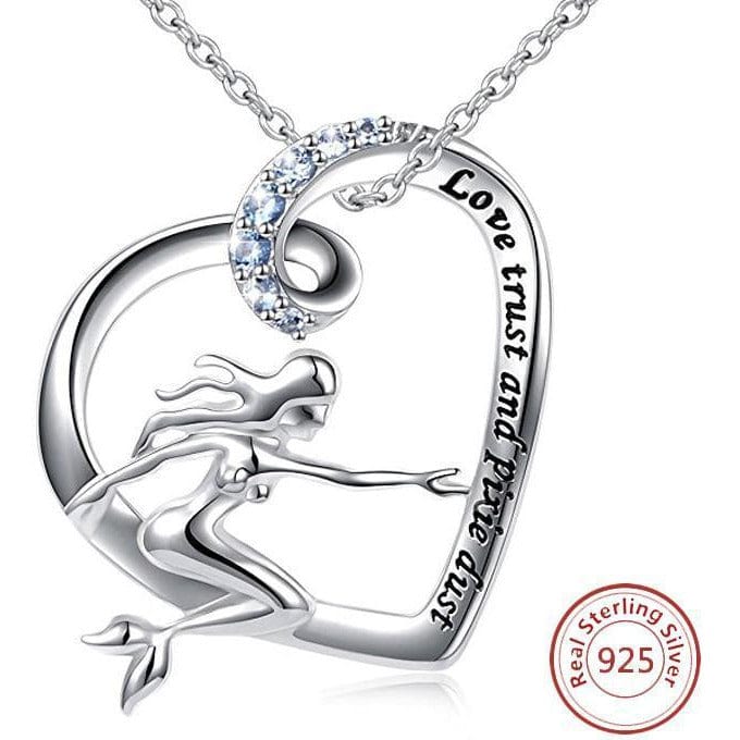 The Pink Pigs Fine Fashion Jewelry-Necklace Mermaid in a Heart Necklace "Love, Trust and Pixie Dust" Sterling Silver with Blue CZ