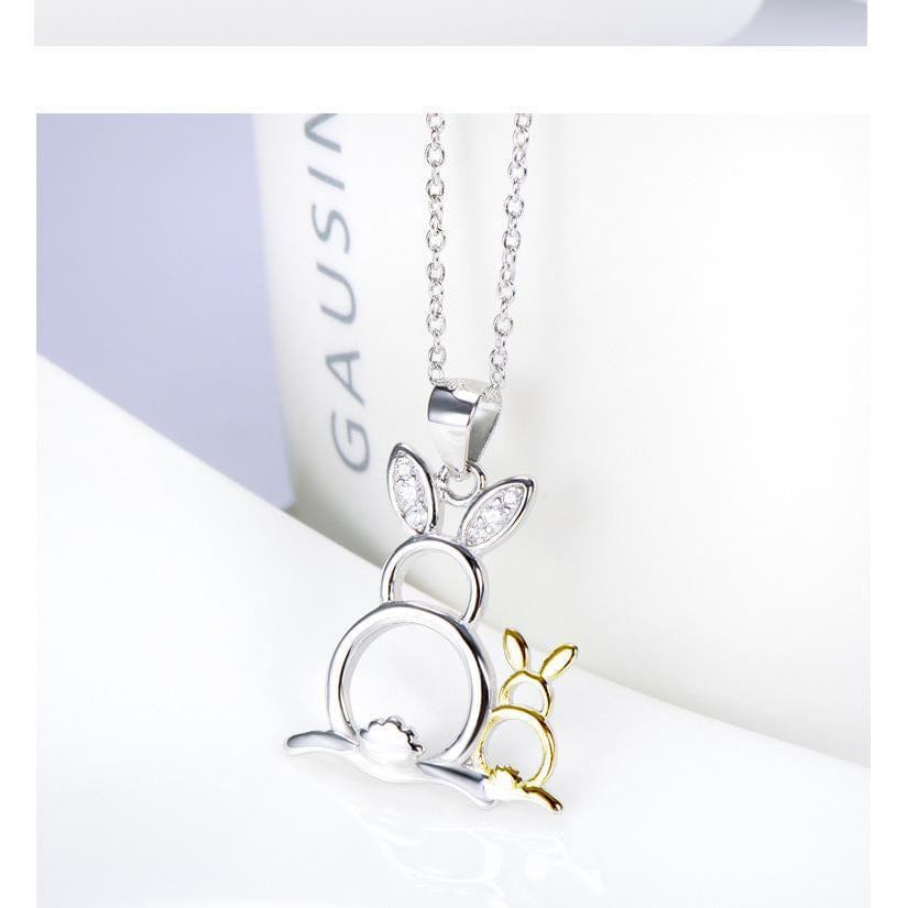 The Pink Pigs Fine Fashion Jewelry-Necklace Sterling Silver Bunny Rabbit Necklace with Pair of CUTE Rabbits!