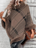 Trendsi Poncho Taupe / S Plaid Faux Fur Trim Poncho