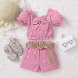 Trendsi two piece set Carnation Pink / 18-24M Girl's Textured Bow Detail Top and Belted Shorts Set