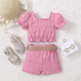 Trendsi two piece set Girl's Textured Bow Detail Top and Belted Shorts Set