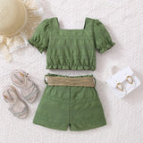 Trendsi two piece set Girl's Textured Bow Detail Top and Belted Shorts Set