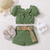 Trendsi two piece set Mid Green / 18-24M Girl's Textured Bow Detail Top and Belted Shorts Set