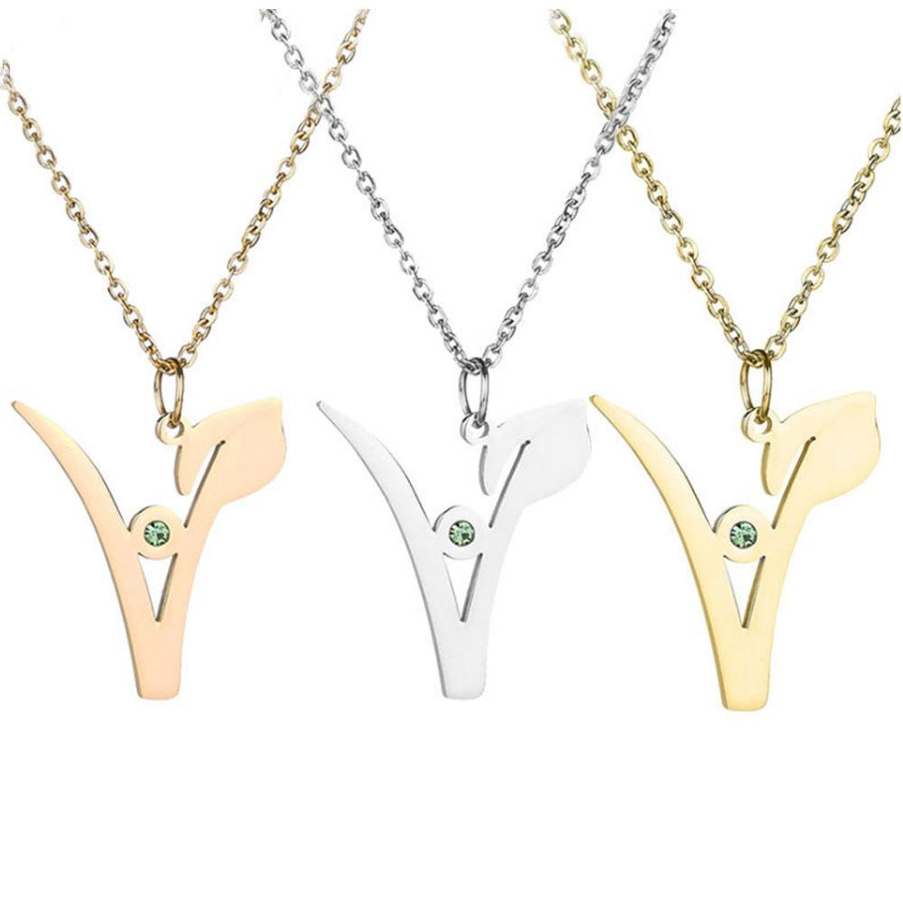 "V" Stainless Steel Pendant with Green Stone, NICE! Rose, White or Yellow Gold Plated - The Pink Pigs, Animal Lover's Boutique