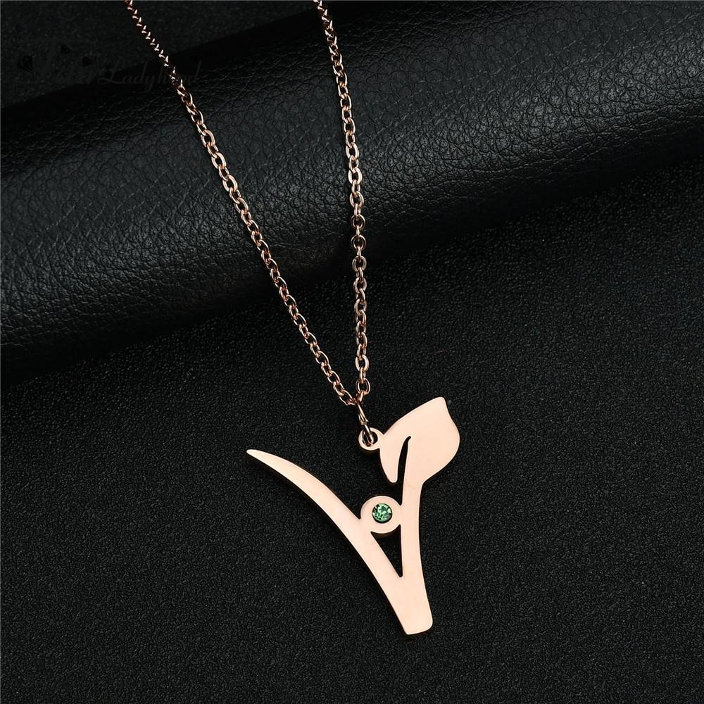 "V" Stainless Steel Pendant with Green Stone, NICE! Rose, White or Yellow Gold Plated - The Pink Pigs, Animal Lover's Boutique