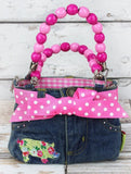 Wholesale Accessories Handbags and Clutches Girls Pink Pig Denim Handbag with Pink Beaded Handles and Bows